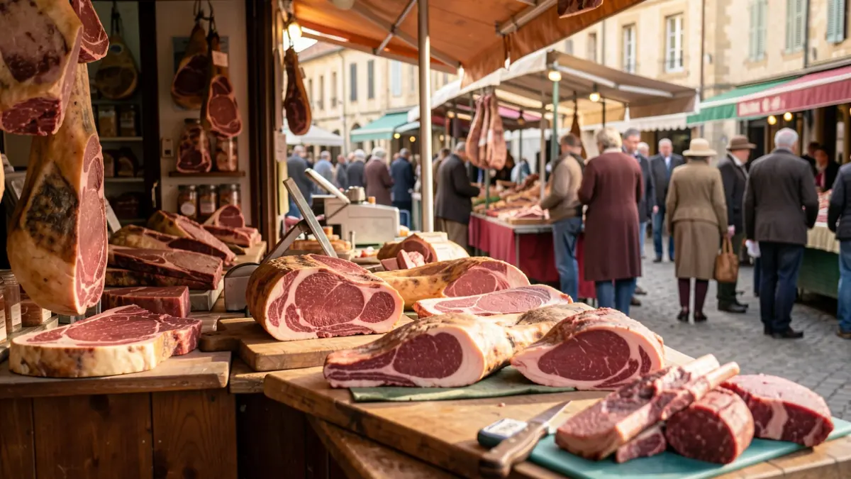Artisanal butcher shop in a Southern French market, with a selection of meats on the counter.