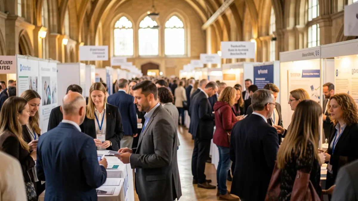 Generic image of a lively job fair with attendees and information booths.