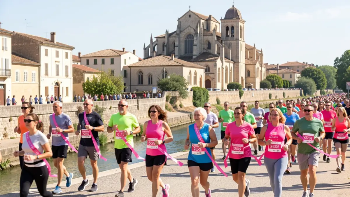 Image générique de participants à l'Urban Race d'Octobre Rose à Narbonne, courant et marchant le long du canal.