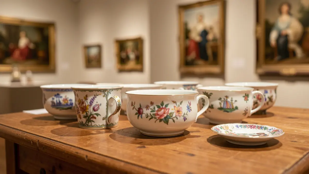 Generic image of delicate porcelain pieces with intricate painted designs, displayed in an exhibition space.