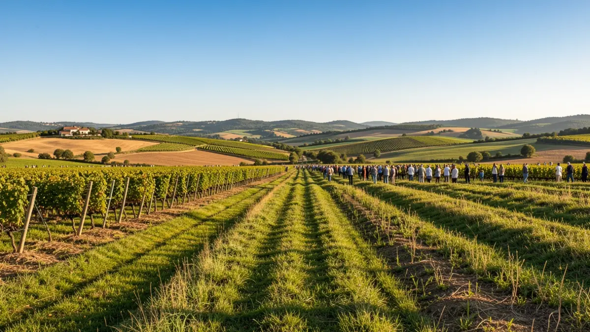 Image générique de vastes champs agricoles dans la région Occitanie sous un ciel bleu clair, avec des collines et des vignobles à l'arrière-plan.