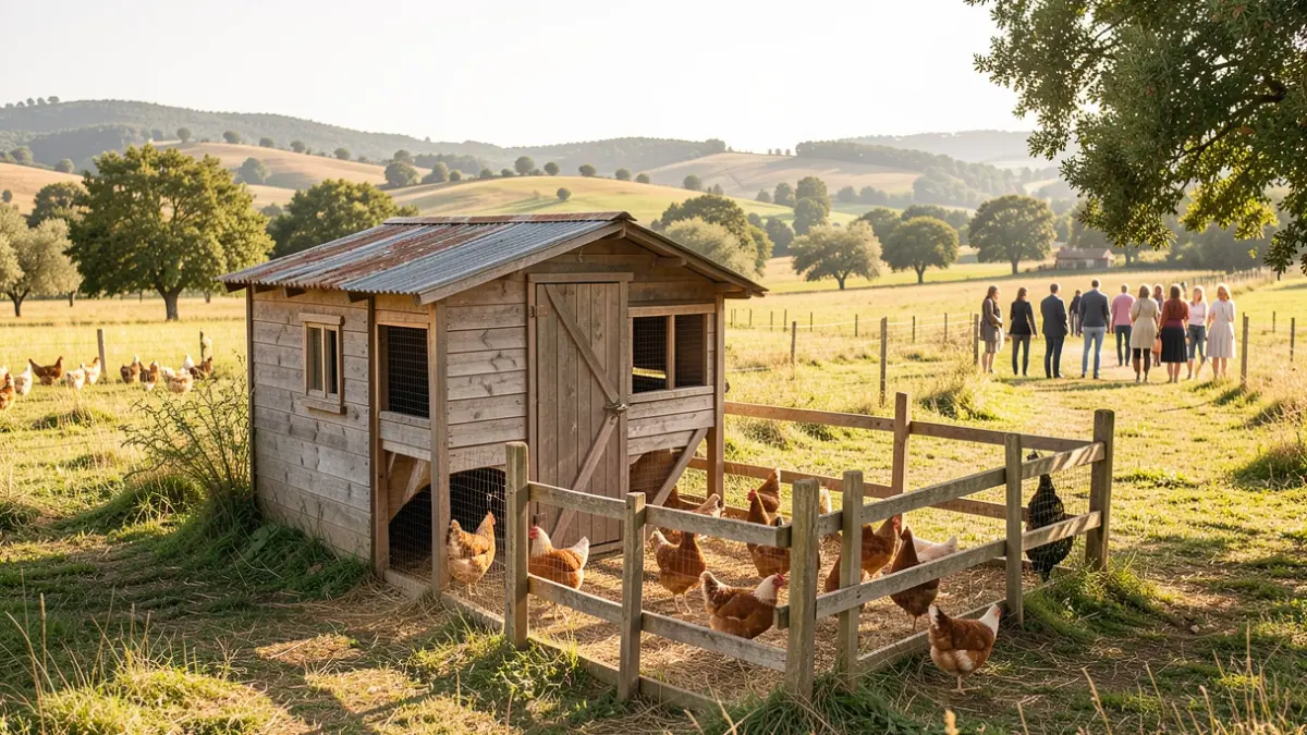 Generic image of a sunny rural chicken coop in an Occitanie landscape.