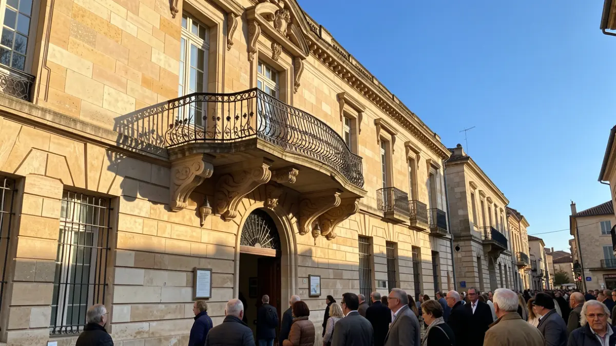 Façade en pierre d'un hôtel de ville d'Occitanie avec balcon orné et balustrade en fer forgé, soleil d'après-midi chaud projetant des ombres sur les murs en grès, ciel bleu, sans texte visible.