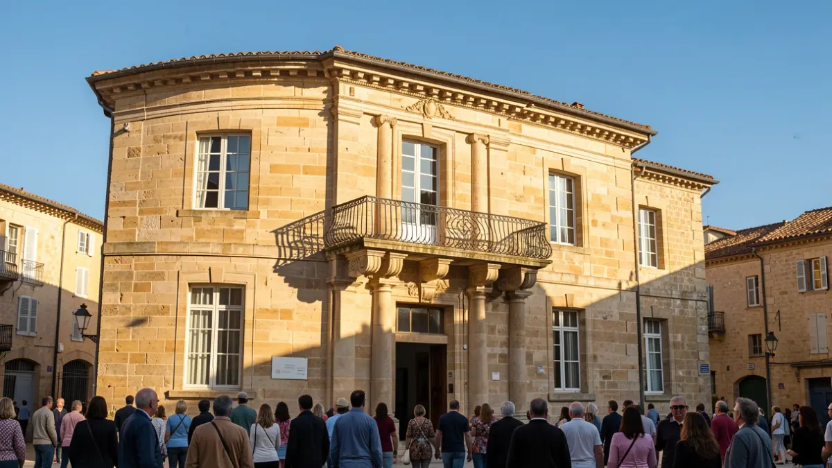 Image générique de la façade d'un hôtel de ville en pierre du sud de la France, avec balcon et balustrade en fer forgé, éclairée par le soleil de l'après-midi.