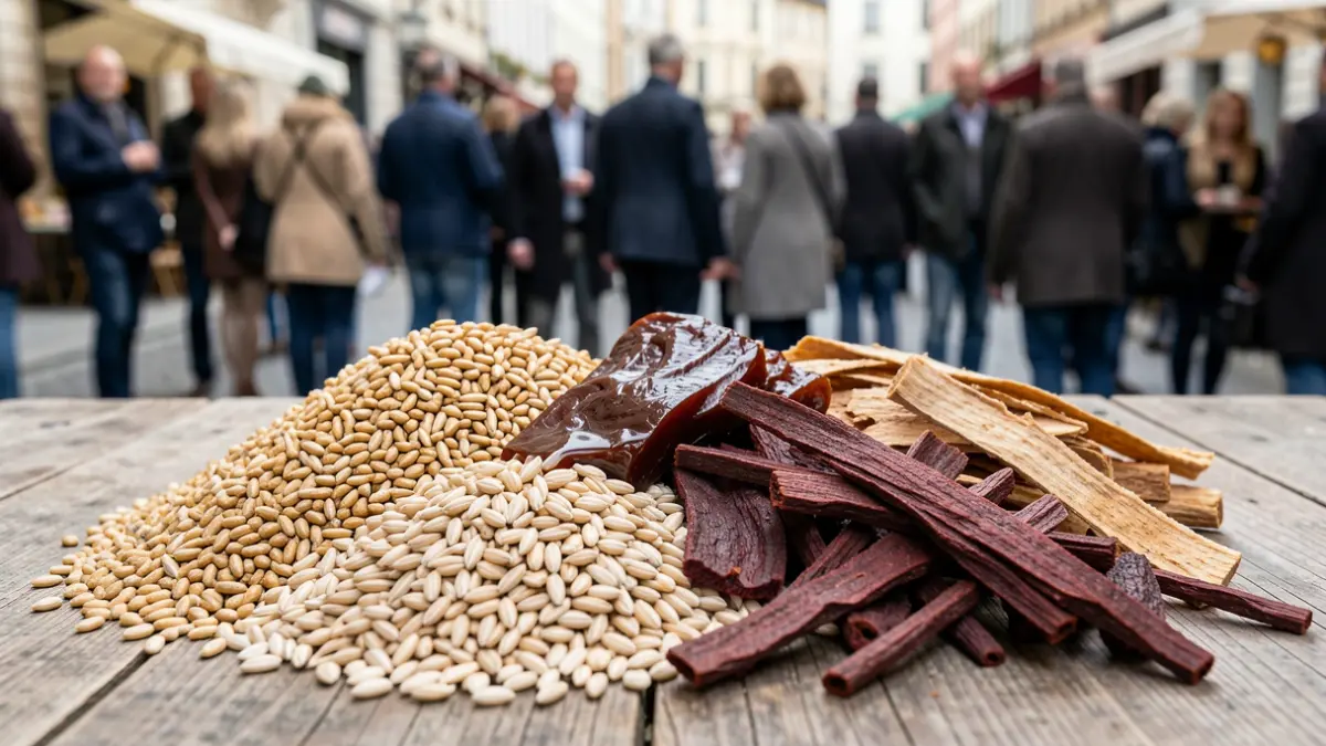 Image générique de divers aliments pour animaux tels que des céréales, de la mélasse et de la pulpe de betterave séchée.