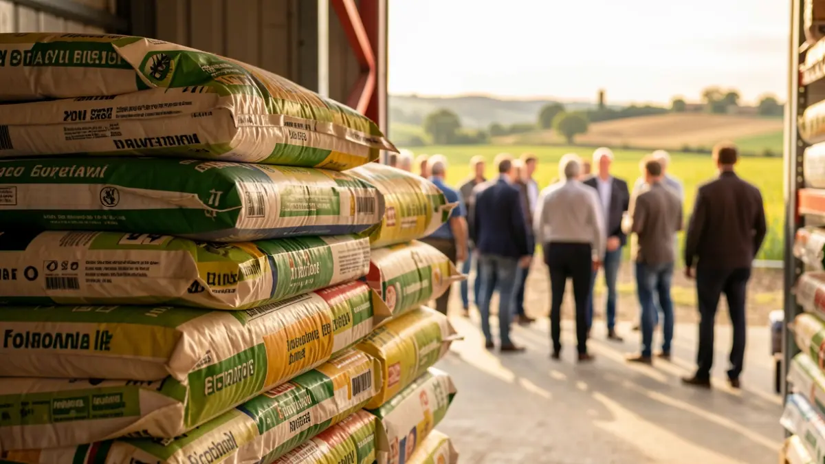 Stacks of agricultural fertilizer bags in a warehouse, with a blurred rural landscape in the background.