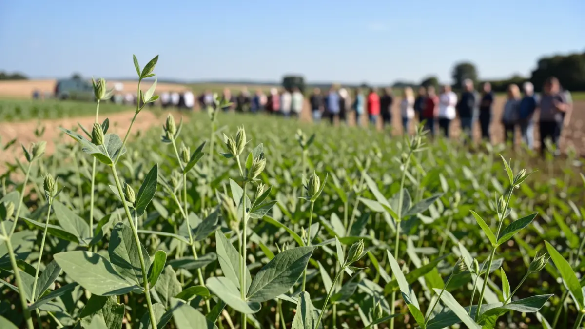 Image générique de plantes de légumineuses fourragères vertes dans un champ, avec un arrière-plan flou de terres agricoles dans la région Occitanie, sous un ciel bleu clair.