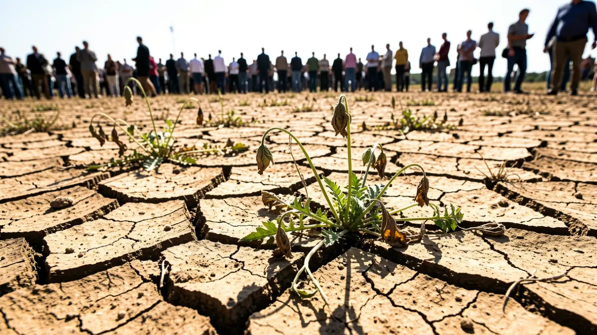 Generic image of cracked earth and dried plants under intense sun.