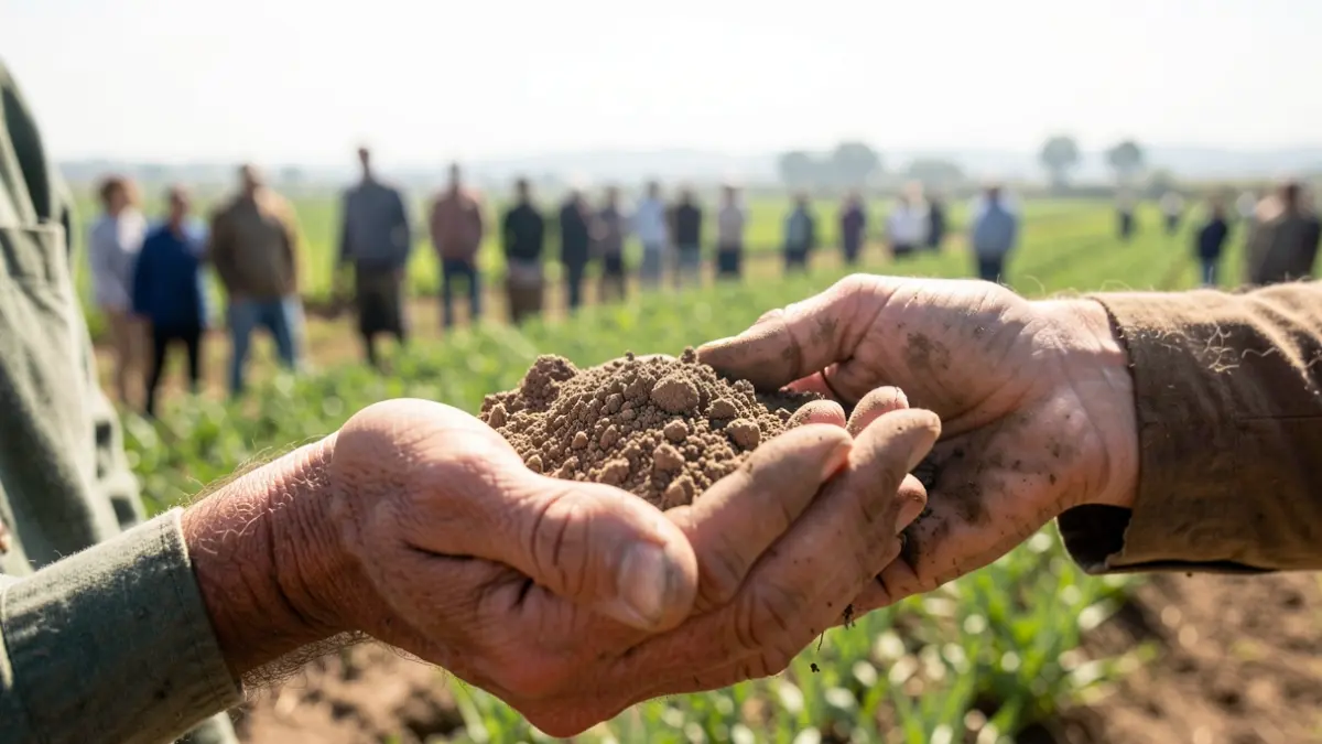 Image générique de mains d'agriculteur tenant de la terre sèche, avec des champs flous en arrière-plan sous un soleil lumineux.