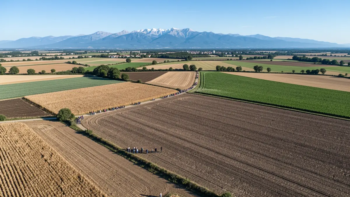 Generic image of agricultural fields in the Occitanie region, with varied crops and a blue sky.