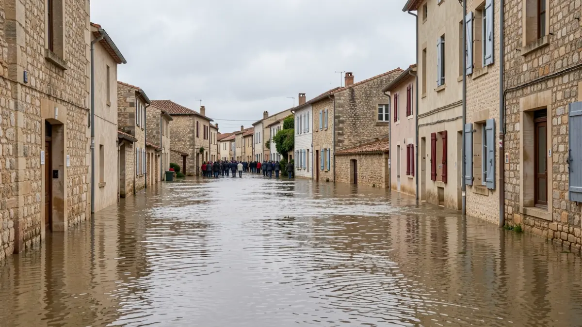 Generic image of flooding in a southern French town, with water covering streets and buildings.