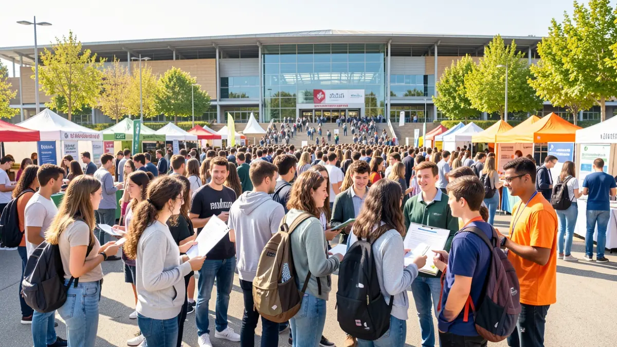 Higher education fair in Albi, featuring students and representatives from educational institutions.