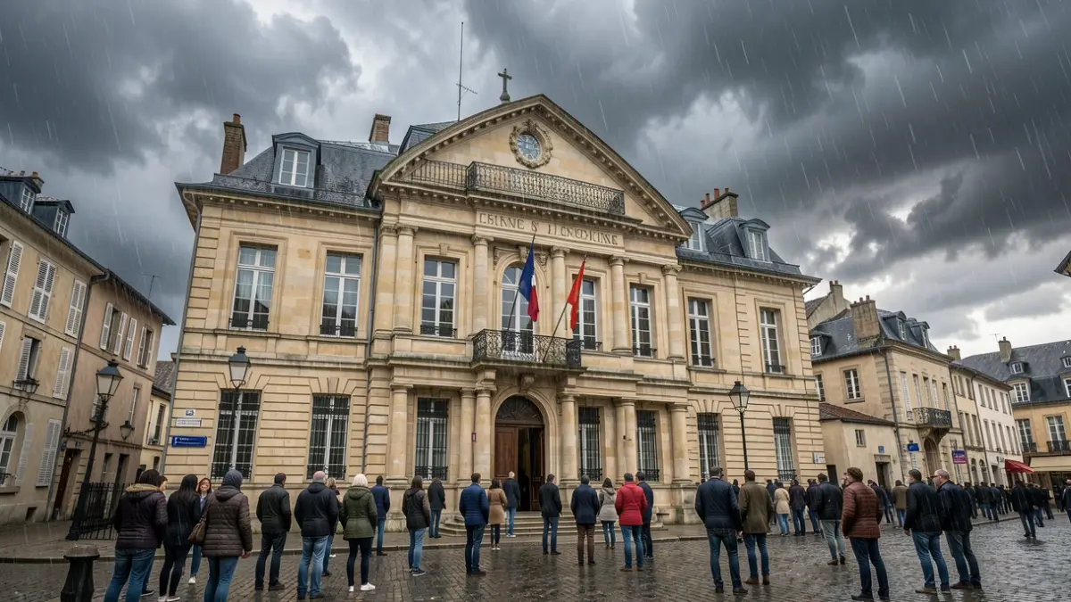 Generic image of a stormy alert sky over a southern French town hall facade.