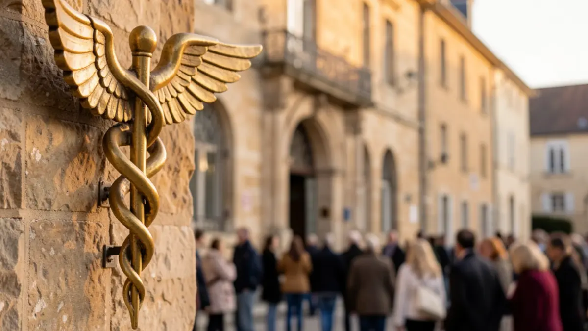 Generic image of a medical caduceus on a blurred background of a South-West town hall facade.