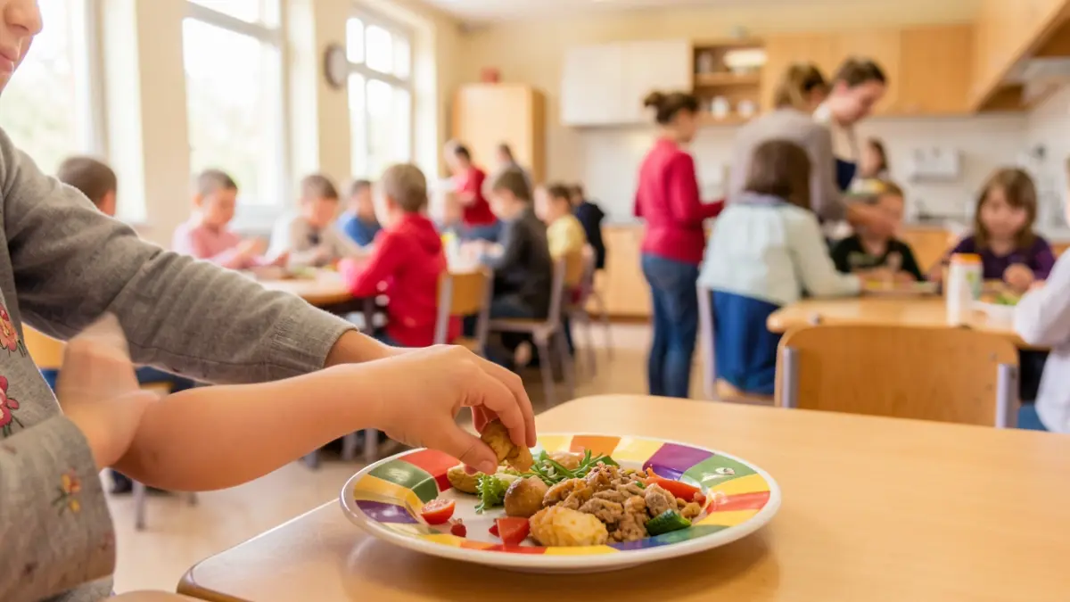 Image générique d'une main d'enfant attrapant un plat coloré dans une cantine scolaire, ambiance chaleureuse et lumineuse.