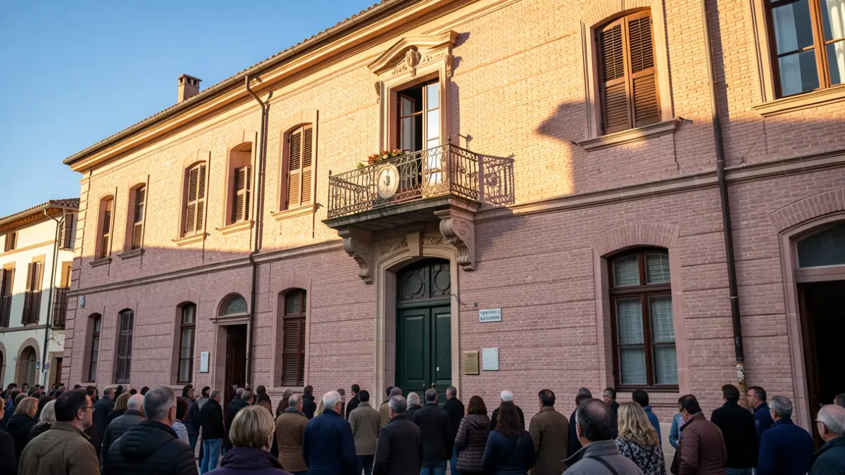 Generic image of the facade of a pink brick town hall in southern France, with an ornate balcony and a blue sky.