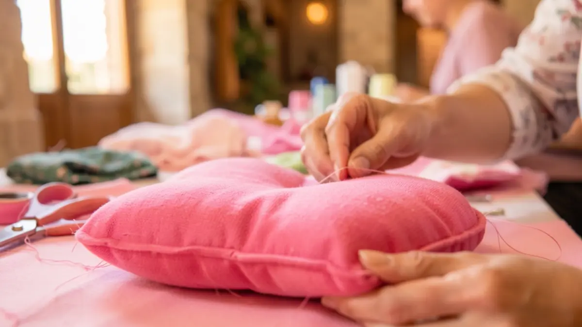 Generic image of pink heart-shaped cushions being made.