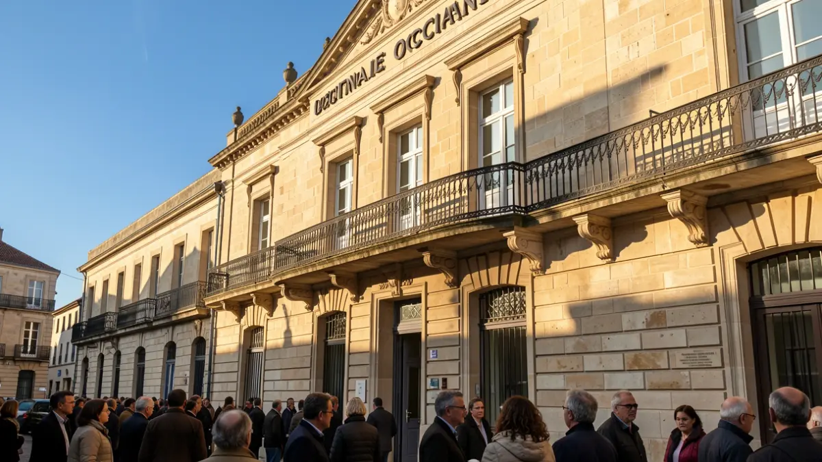 Image générique de la façade en pierre d'un hôtel de ville d'Occitanie avec balcon orné et rambardes en fer forgé, soleil d'après-midi chaud projetant des ombres sur les murs en grès, ciel bleu, style photographie documentaire.