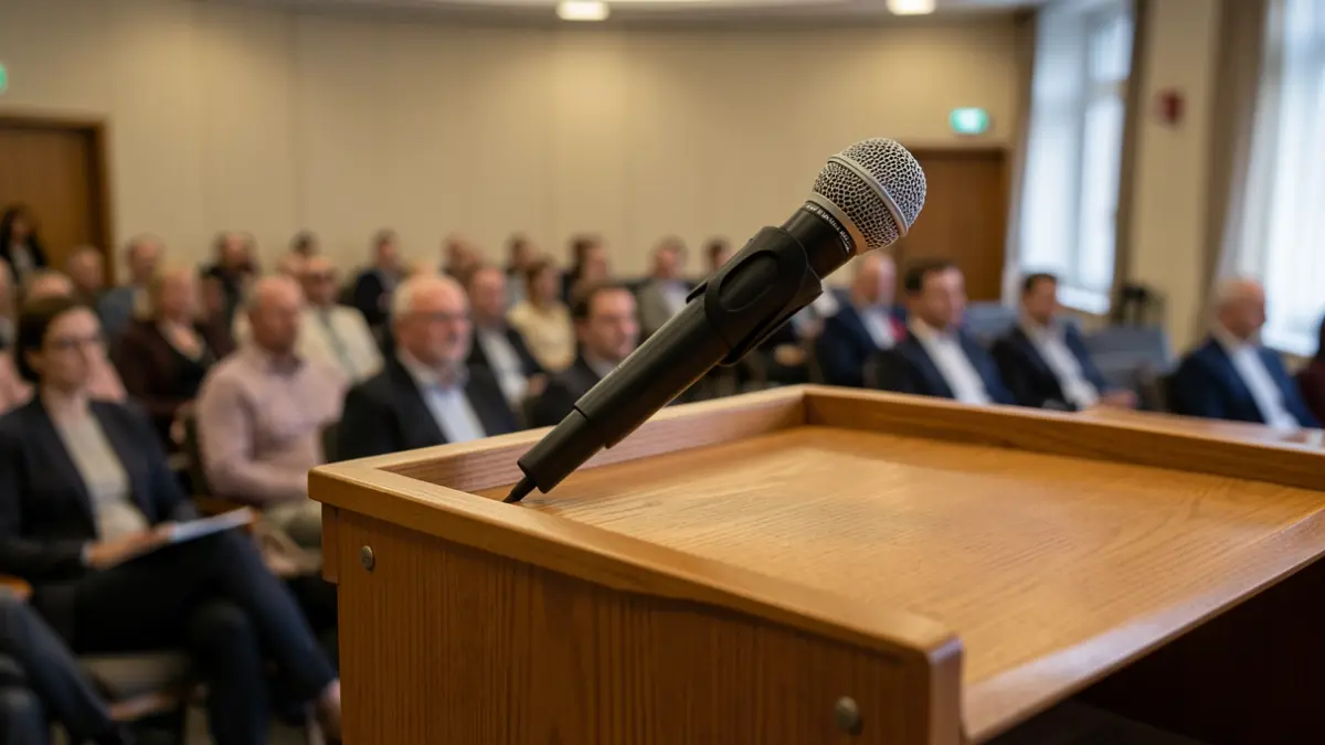 Generic image of a microphone on an empty lectern.