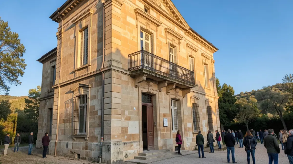 Generic image of a stone town hall facade in southern France with an ornate balcony, under an afternoon sun.
