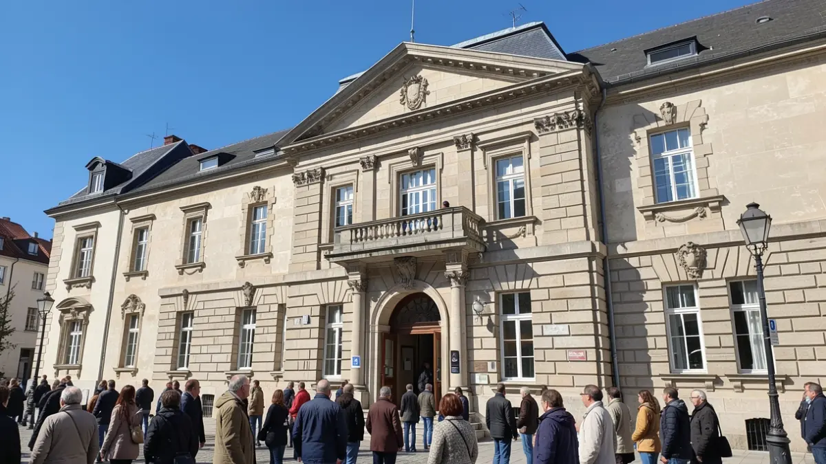 Generic image of a public administrative building facade with an official balcony and stone architecture, under a clear blue sky.
