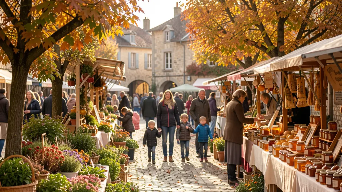 Generic image of an outdoor autumn festival in a French village, featuring stalls with natural products and family activities.