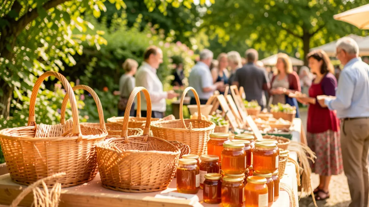 Image générique d'un événement extérieur mettant en valeur des produits artisanaux et naturels, avec des éléments flous de verdure et de personnes en arrière-plan.