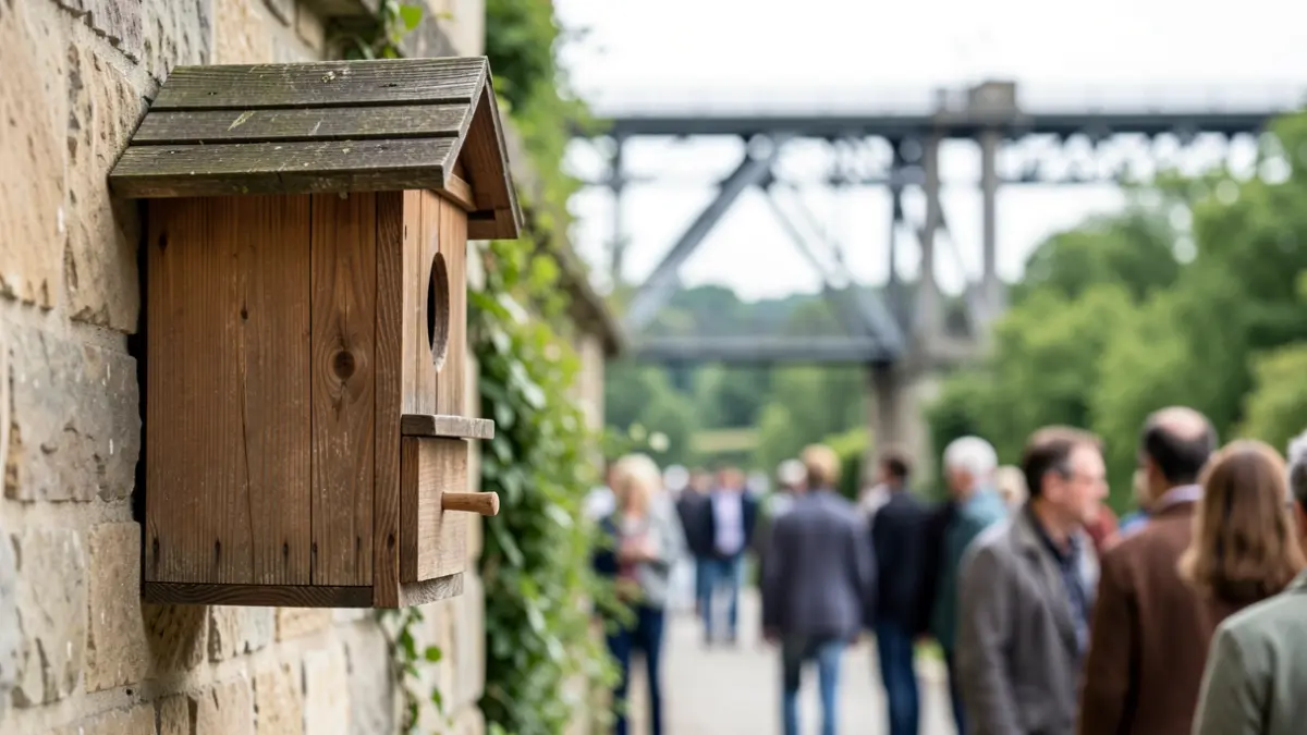 Image générique d'une maisonnette en bois pour chauves-souris fixée sur un mur en pierre, avec un pont et de la végétation en arrière-plan.