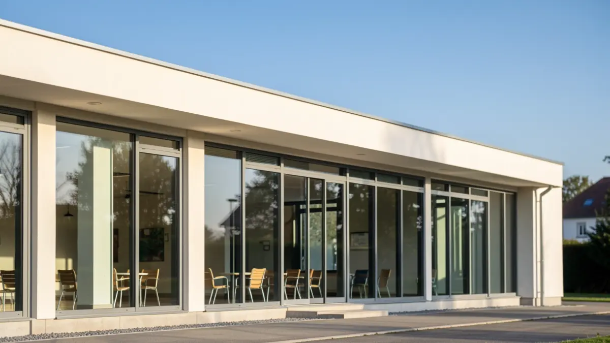 Image générique d'un bâtiment d'un siège de communauté de communes, avec des fenêtres et un ciel bleu.