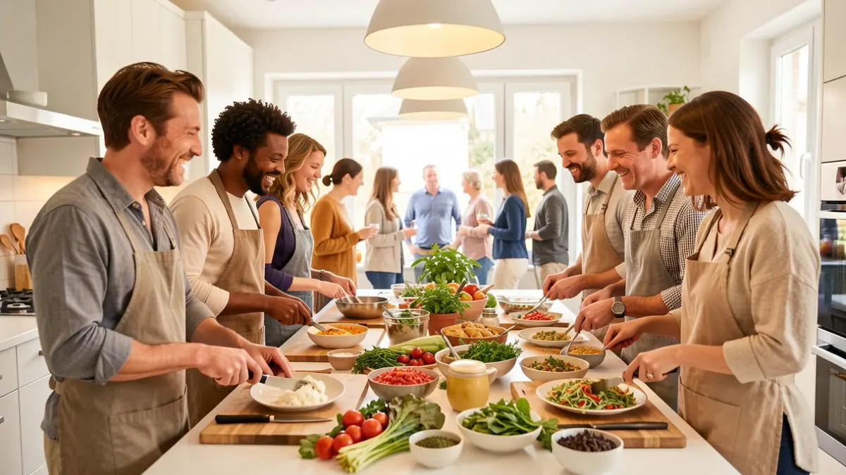 Generic image of a convivial cooking session focused on sharing food.