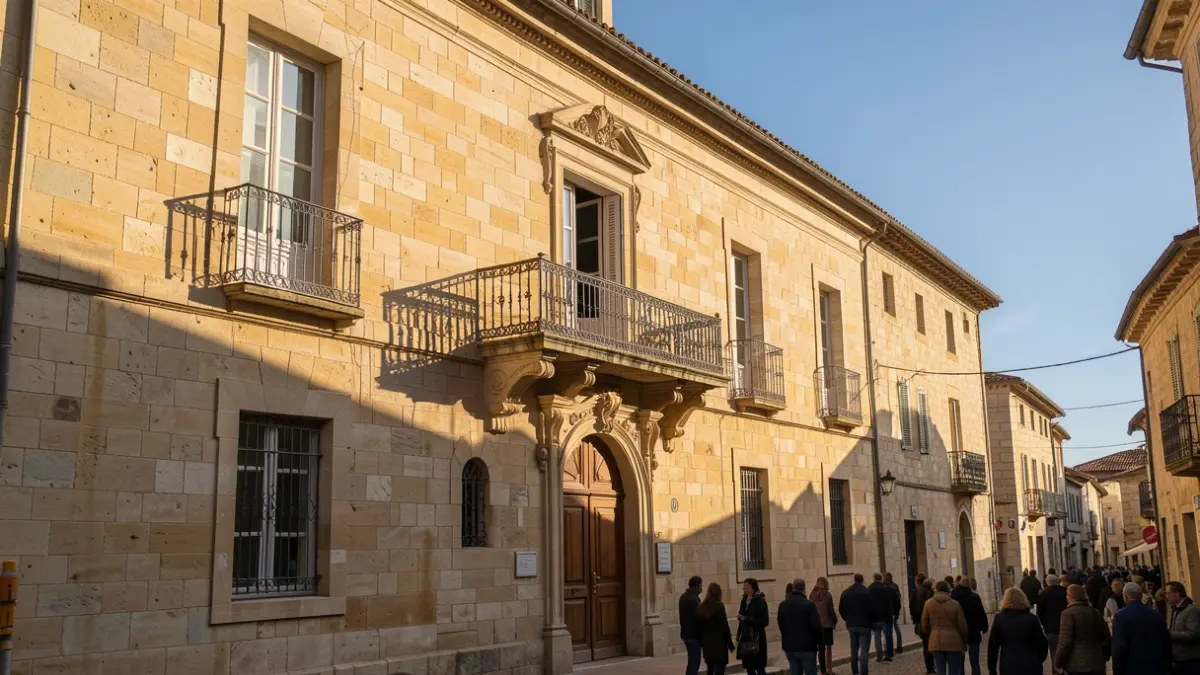 Generic image of the facade of a stone town hall in the South of France, with an ornate balcony and iron railings. Warm afternoon light.