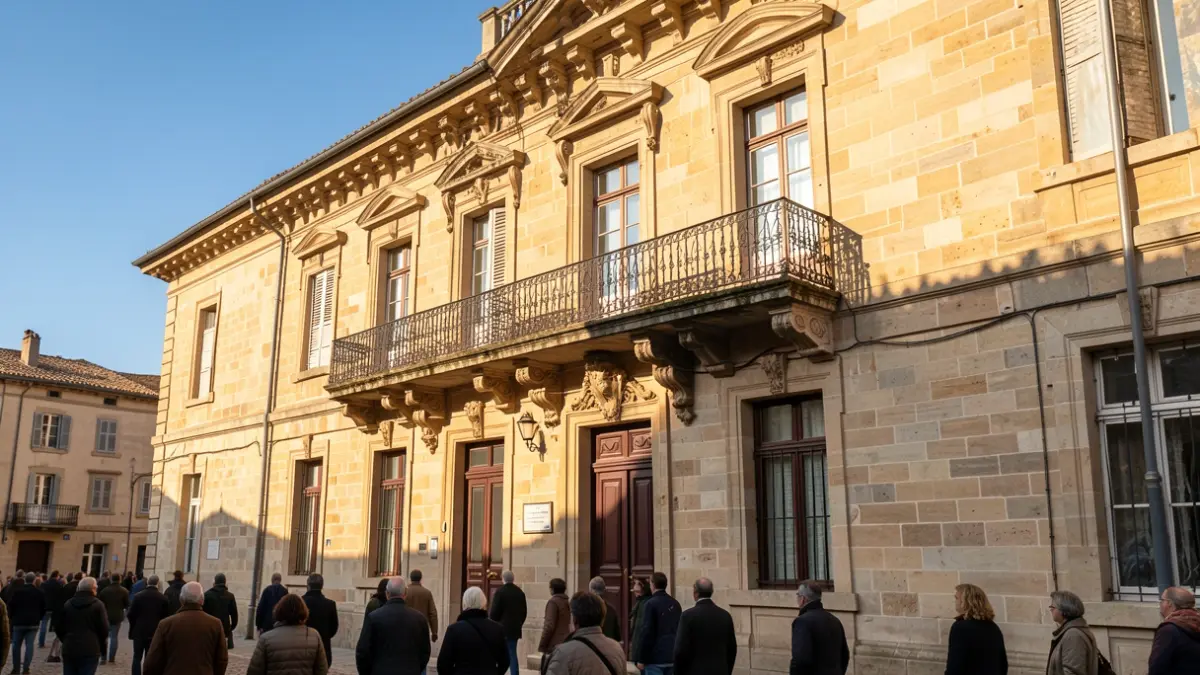 Façade d'un hôtel de ville en pierre du Sud-Ouest de la France, ensoleillée.
