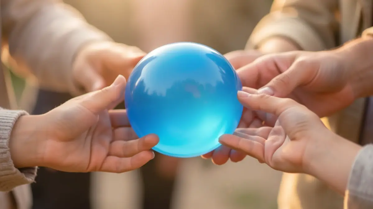 Generic image of a stylized blue bubble symbolizing autism awareness, surrounded by hands reaching out in support.