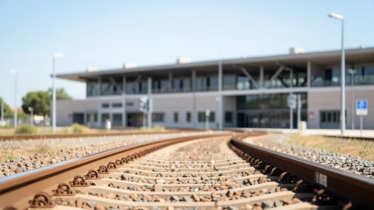 Voies ferrées s'étendant vers une gare moderne dans le ciel clair de l'Occitanie.
