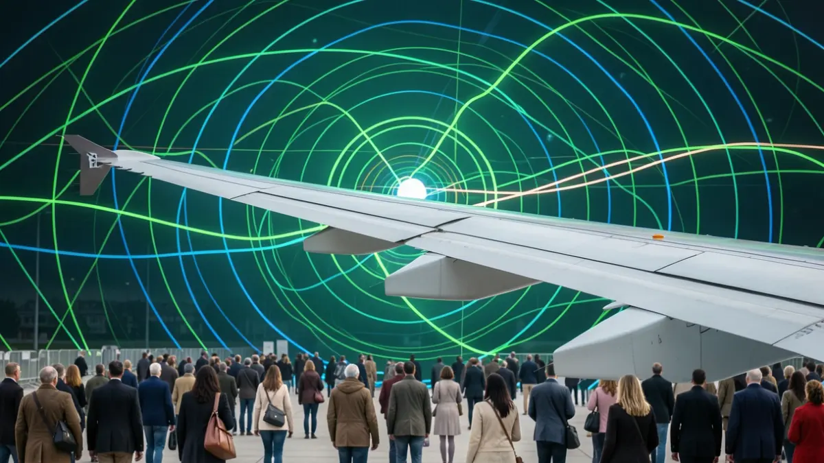 Generic image of a stylized airplane wing with abstract environmental data in the background.