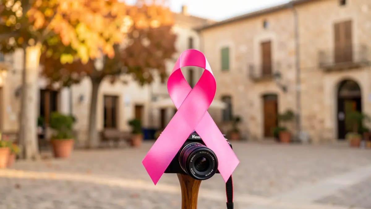 Ruban rose d'Octobre Rose entrelacé avec un bâton de marche et un objectif d'appareil photo, sur fond de place de village en Occitanie.