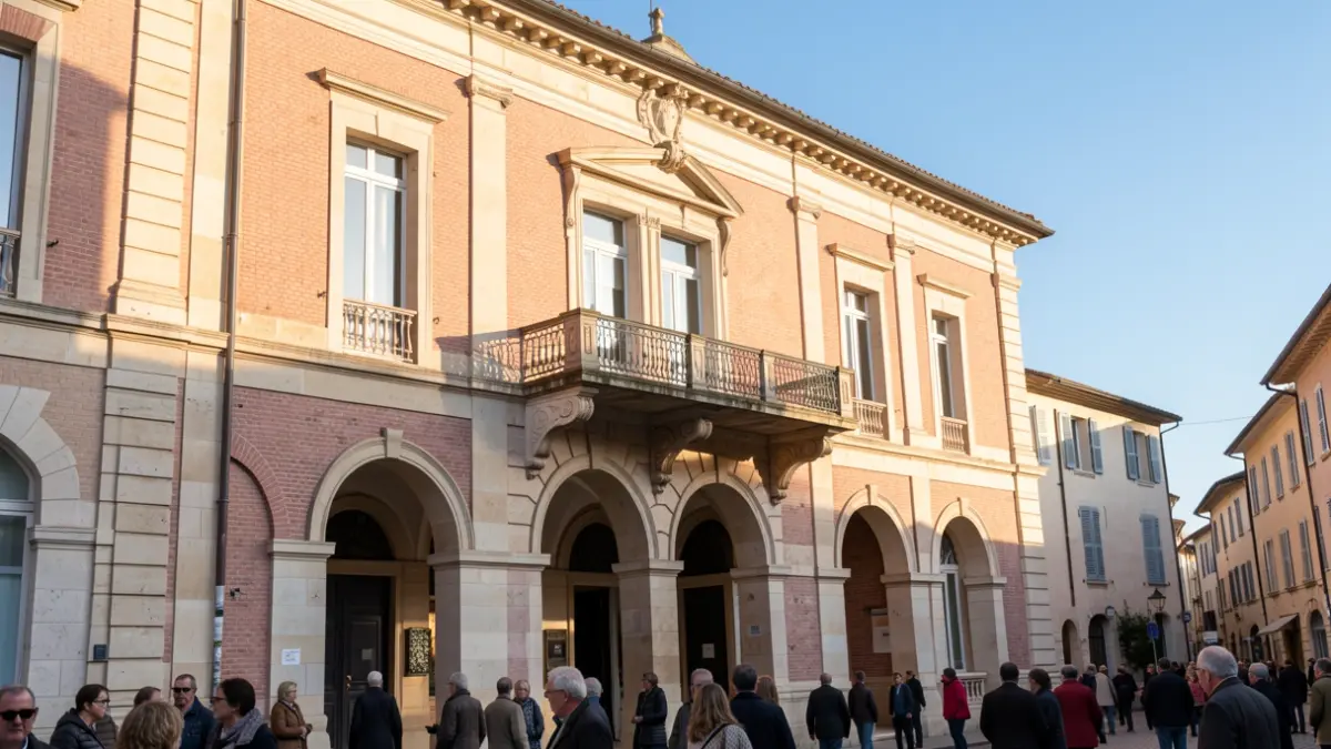 Image générique de la façade d'un hôtel de ville du Sud de la France, avec des éléments architecturaux traditionnels et un éclairage d'après-midi.