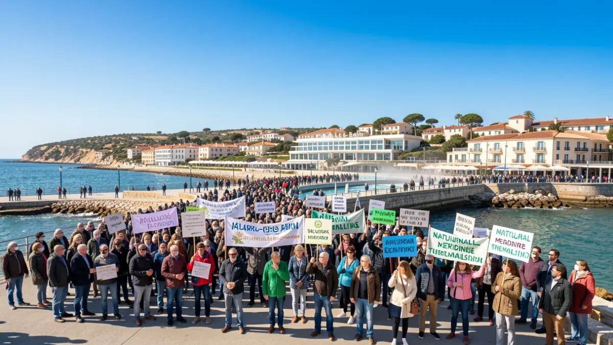 Generic image of a crowd protesting on a seaside promenade, holding signs in support of thermalism and natural medicine, in front of the Balaruc-les-Bains thermal baths.