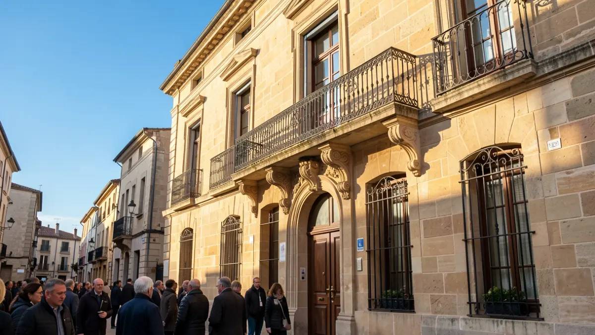 Image générique de la façade en pierre d'un hôtel de ville d'Occitanie avec balcon orné et balustrade en fer forgé, lumière chaude de l'après-midi.