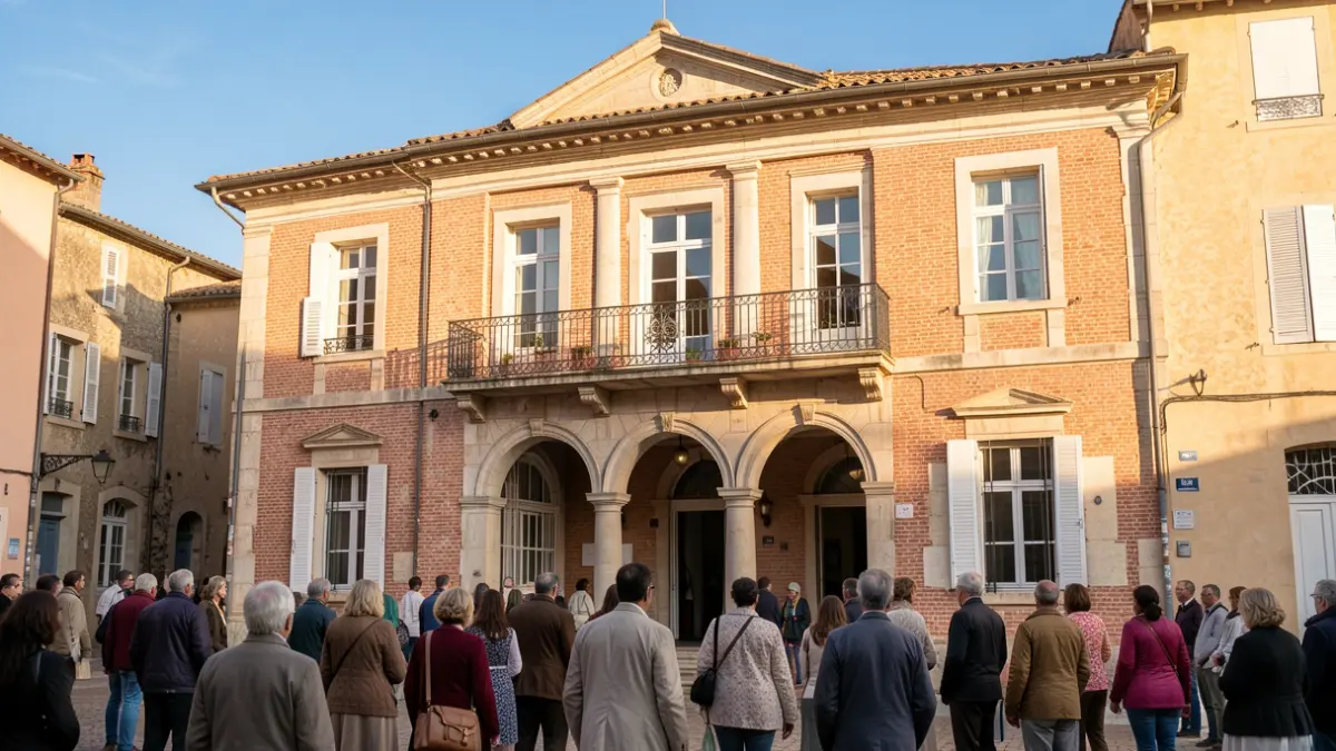 Generic image of a town hall facade in the South of France, traditional architecture, warm afternoon light.