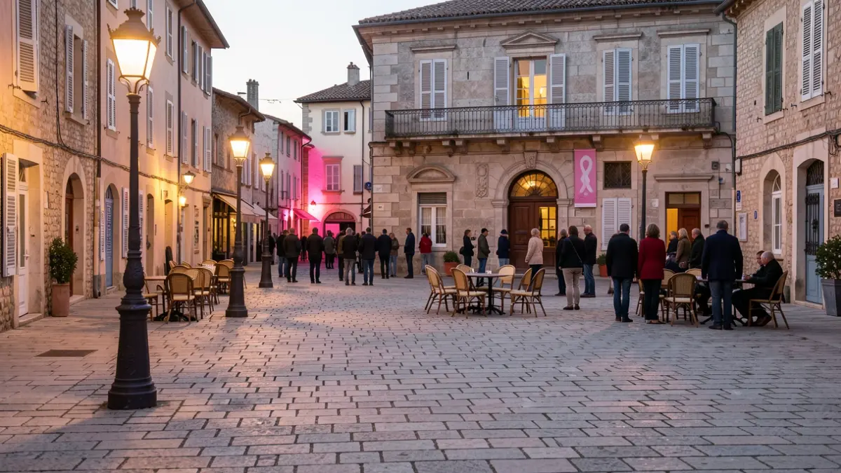 Image générique de la façade d'un hôtel de ville dans une ville du sud de la France, éclairée par des lampadaires le soir.