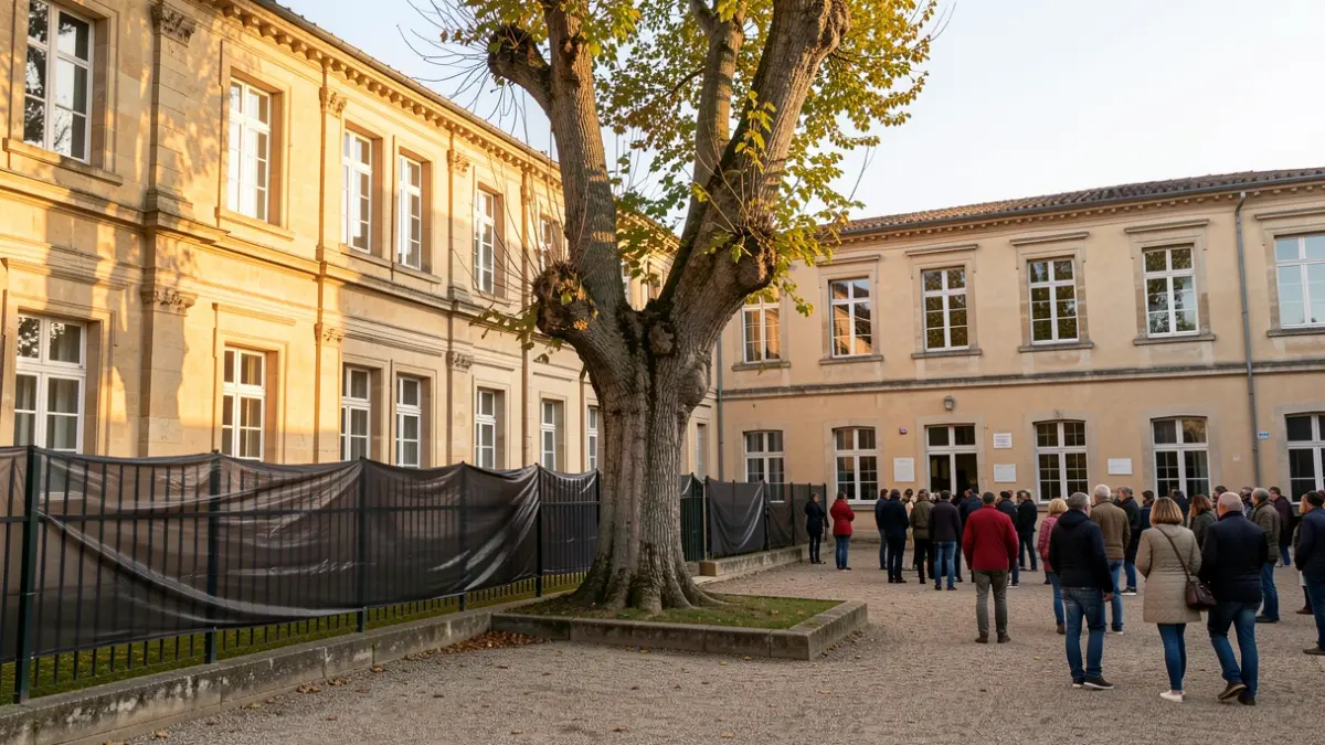 Image générique: montrant un arbre préservé dans la cour et une nouvelle bâche de protection le long d'une clôture.