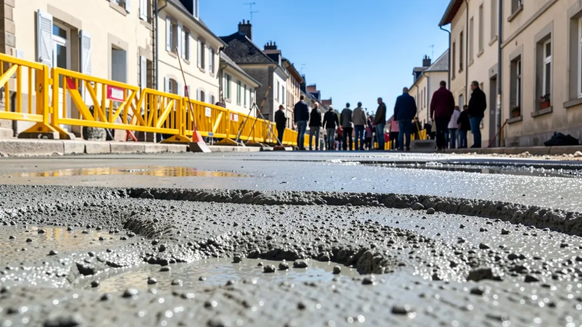 Chantier de travaux de voirie dans la rue de la Mer Rouge à Beauvoisin, avec du béton désactivé en cours de pose.