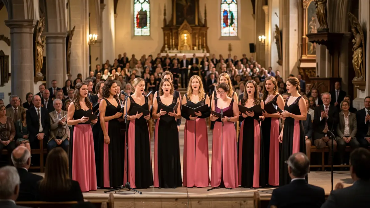 Image générique d'un chœur de chanteurs sur scène dans une église, avec un public flou à l'arrière-plan.