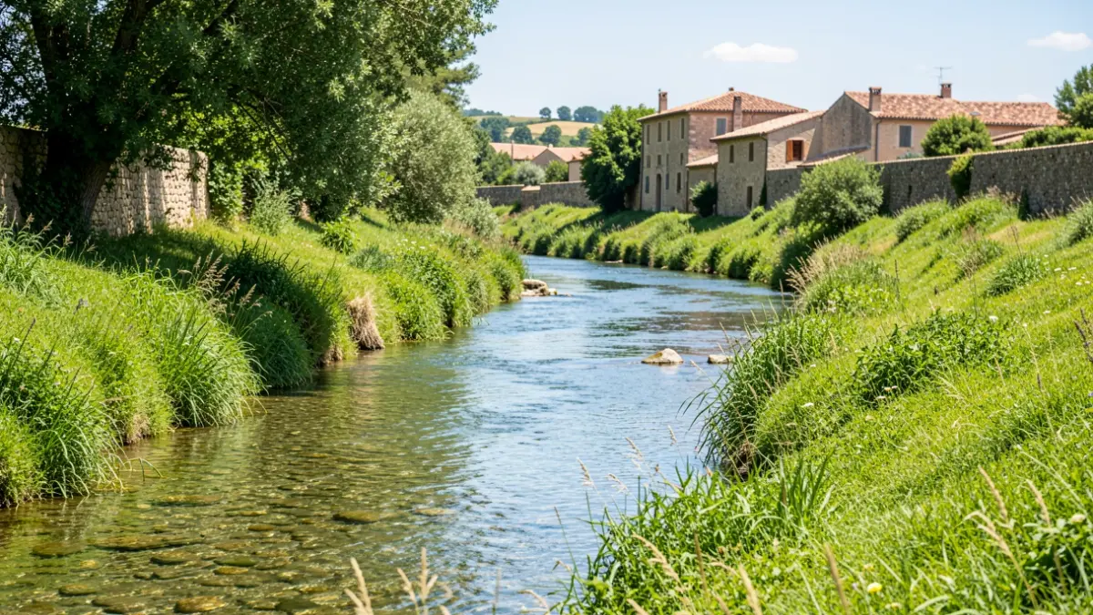 Vue pittoresque du Gour, un cours d'eau intermittent en Occitanie, avec des berges verdoyantes et de l'eau claire.