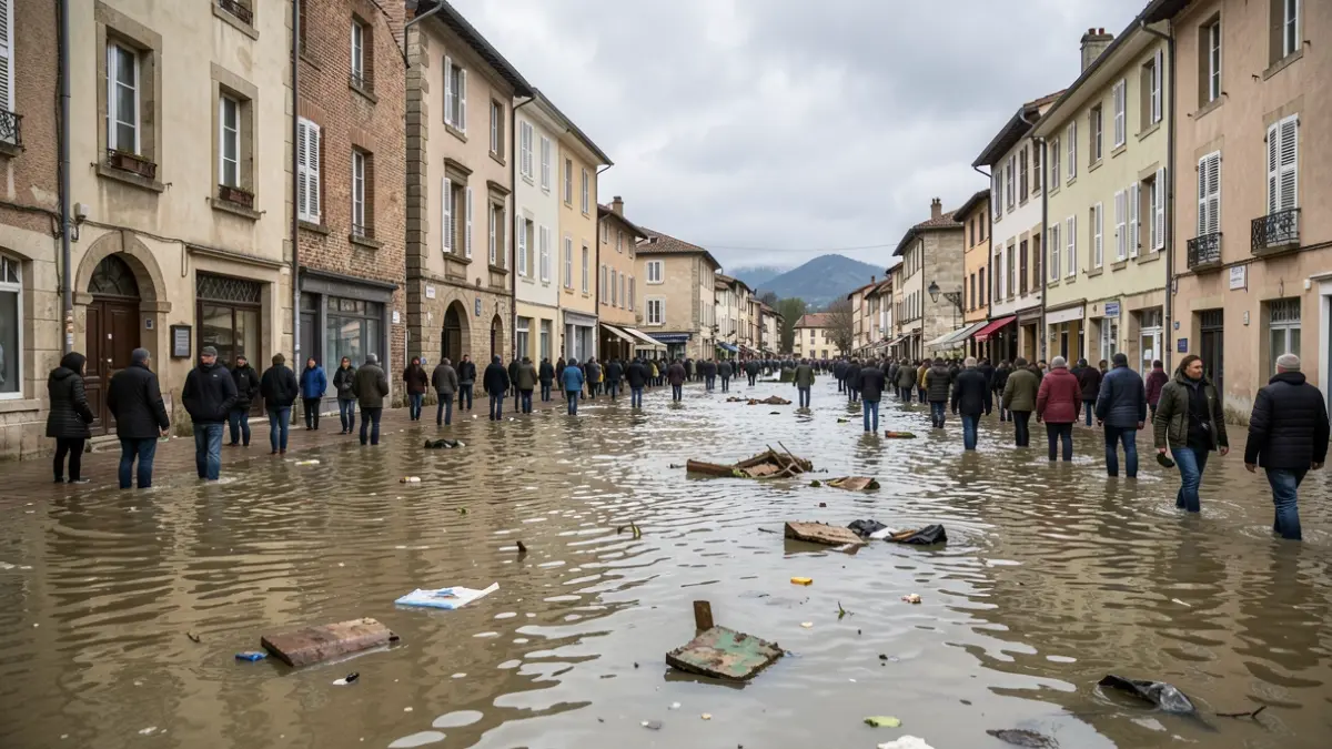 Image générique d'une place de village inondée dans le sud de la France, ciel couvert, débris dans l'eau.