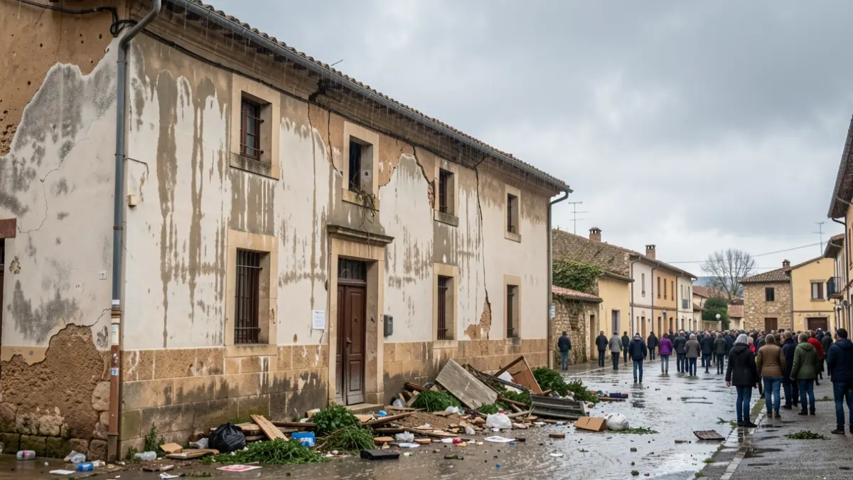 Generic image of material damage following heavy rain, with water marks and debris on the ground under an overcast sky. Documentary photography style.