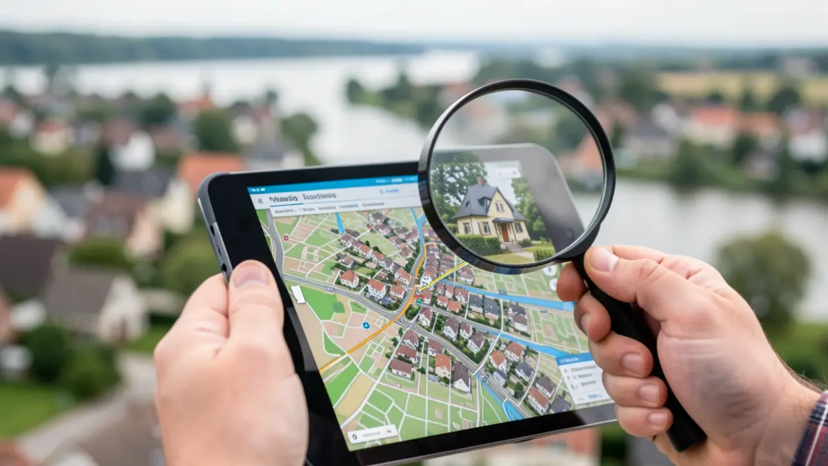 Generic image of a hand holding a tablet displaying a flood risk map, with a magnifying glass over a house. Blurred background of a residential area.
