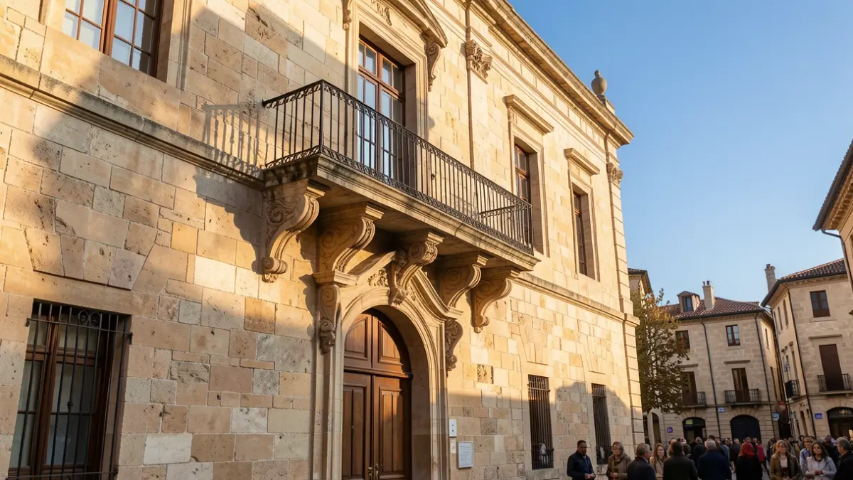 Image générique de la façade d'un hôtel de ville en pierre avec balcon orné et balustrade en fer forgé, sous un soleil d'après-midi.