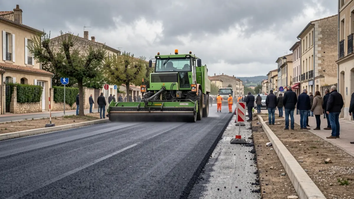 Asphalt paving works on Boulevard Clemenceau in Villeneuve-lès-Avignon.